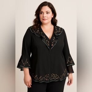 Dressbarn Woman 18/20 Black Embroidered Boho Ruffle Sleeve Tunic Top Floral Trim